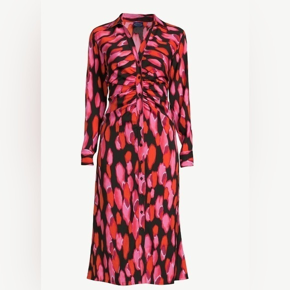 Scoop NYC Dresses & Skirts - SCOOP MIDI SHIRT DRESS WITH RUCHING PINK BRUSH‎ DOT